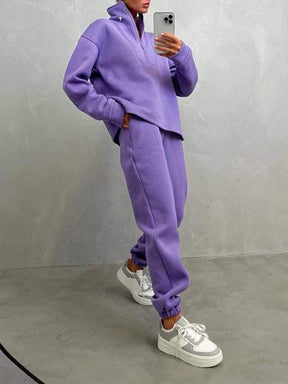 Conjunto Feminino Casual Esportivo de Duas Peças com Zíper e Gola Alta e Manga Longa