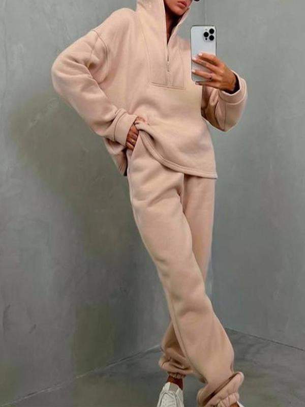 Conjunto Feminino Casual Esportivo de Duas Peças com Zíper e Gola Alta e Manga Longa