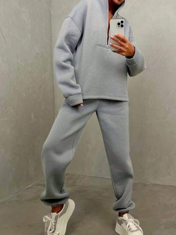 Conjunto Feminino Casual Esportivo de Duas Peças com Zíper e Gola Alta e Manga Longa