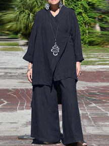 Conjunto Feminino Casual Solto com Decote em V e Camisa de Manga Longa e Calças de Perna Larga