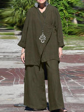 Conjunto Feminino Casual Solto com Decote em V e Camisa de Manga Longa e Calças de Perna Larga