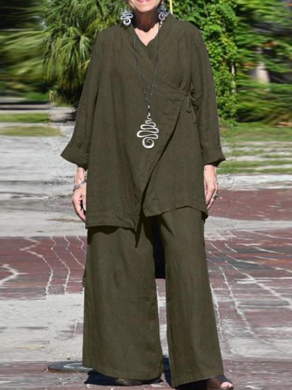 Conjunto Feminino Casual Solto com Decote em V e Camisa de Manga Longa e Calças de Perna Larga