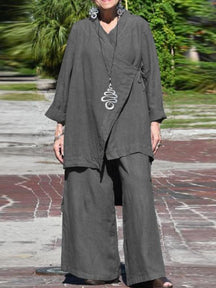Conjunto Feminino Casual Solto com Decote em V e Camisa de Manga Longa e Calças de Perna Larga