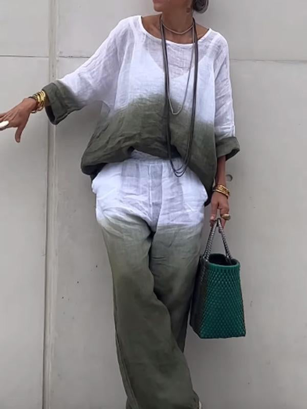 Conjunto Feminino de Algodão e Linho com Gradiente de Duas Peças
