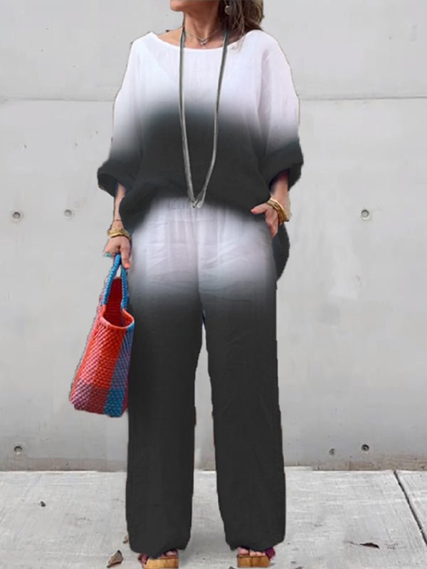 Conjunto Feminino de Algodão e Linho com Gradiente de Duas Peças