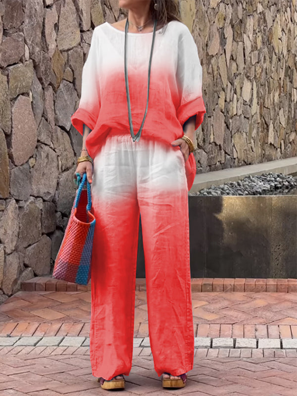 Conjunto Feminino de Algodão e Linho com Gradiente de Duas Peças