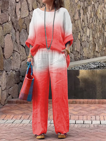 Conjunto Feminino de Algodão e Linho com Gradiente de Duas Peças