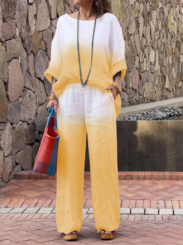 Conjunto Feminino de Algodão e Linho com Gradiente de Duas Peças