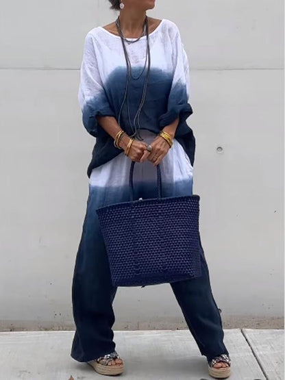 Conjunto Feminino de Algodão e Linho com Gradiente de Duas Peças