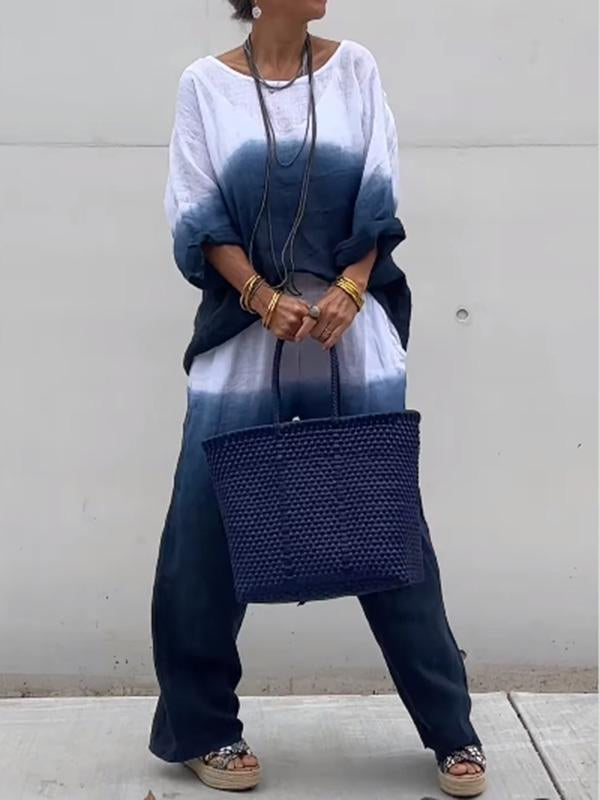 Conjunto Feminino de Algodão e Linho com Gradiente de Duas Peças