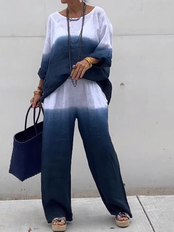 Conjunto Feminino de Algodão e Linho com Gradiente de Duas Peças