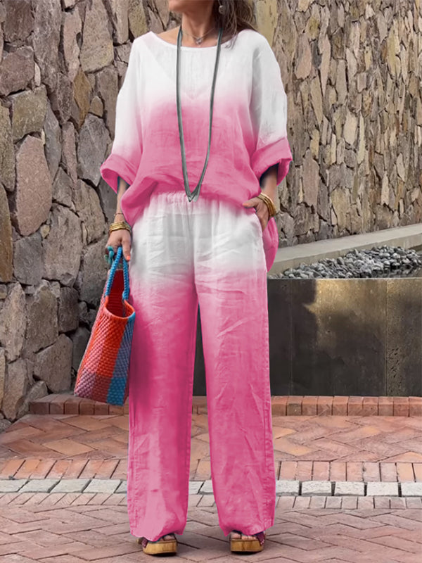 Conjunto Feminino de Algodão e Linho com Gradiente de Duas Peças