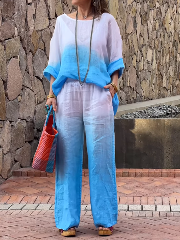 Conjunto Feminino de Algodão e Linho com Gradiente de Duas Peças