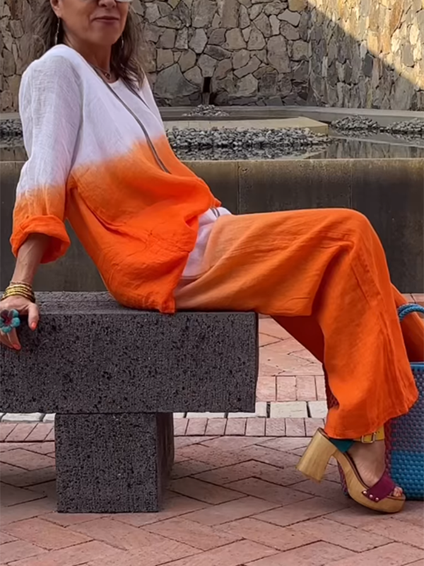 Conjunto Feminino de Algodão e Linho com Gradiente de Duas Peças