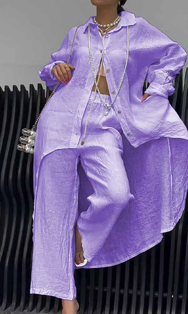 Conjunto Feminino de Camisa com Recorte nas Costas e Calças de Linho de Duas Peças