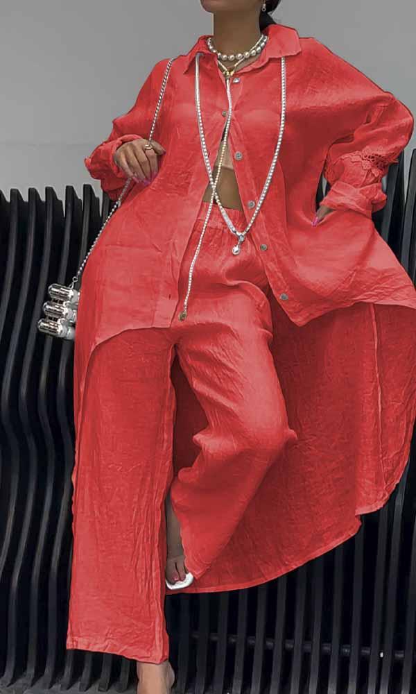 Conjunto Feminino de Camisa com Recorte nas Costas e Calças de Linho de Duas Peças