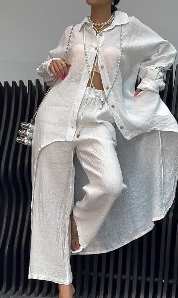 Conjunto Feminino de Camisa com Recorte nas Costas e Calças de Linho de Duas Peças