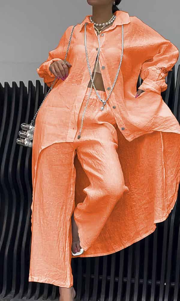 Conjunto Feminino de Camisa com Recorte nas Costas e Calças de Linho de Duas Peças