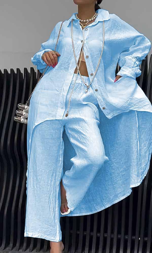 Conjunto Feminino de Camisa com Recorte nas Costas e Calças de Linho de Duas Peças