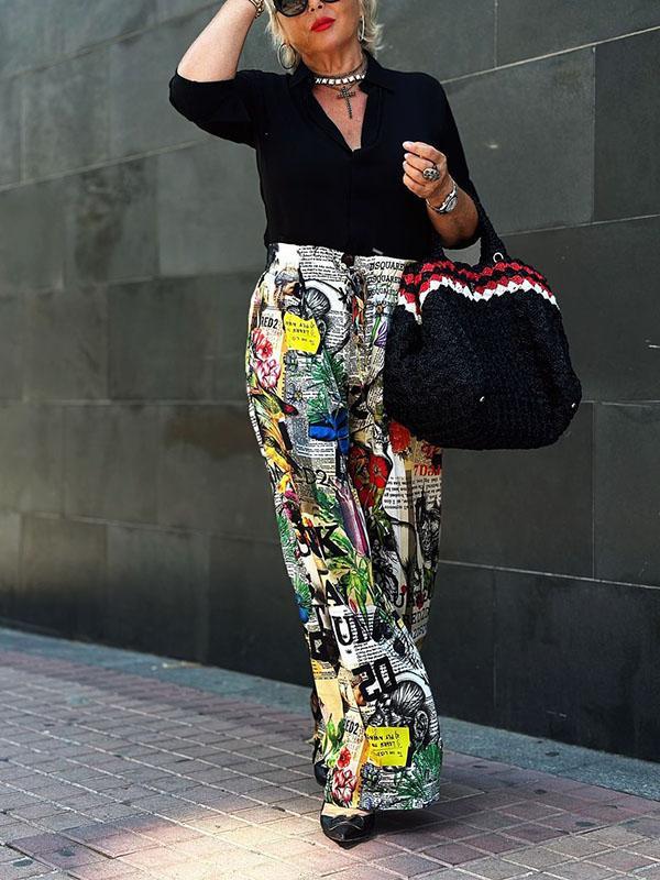 Conjunto Feminino de Camisa de Cor Sólida com Decote em V e Calças Estampadas de Duas Peças