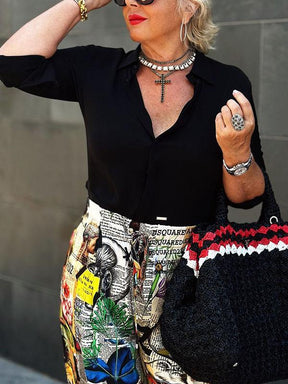 Conjunto Feminino de Camisa de Cor Sólida com Decote em V e Calças Estampadas de Duas Peças