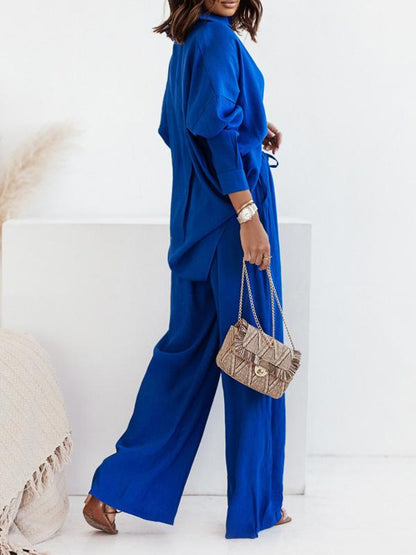 Conjunto Feminino de Camisa Longa com Manga Longa e Calças de Perna Larga com Elástico