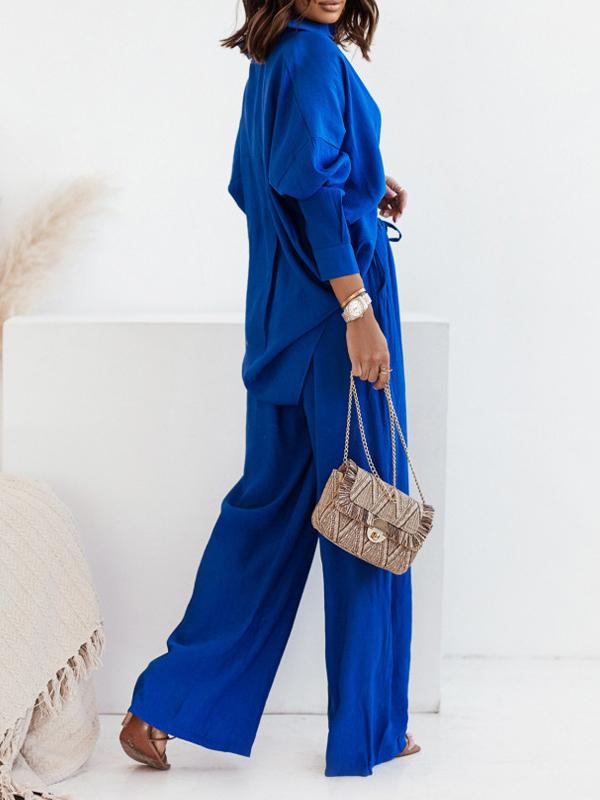 Conjunto Feminino de Camisa Longa com Manga Longa e Calças de Perna Larga com Elástico