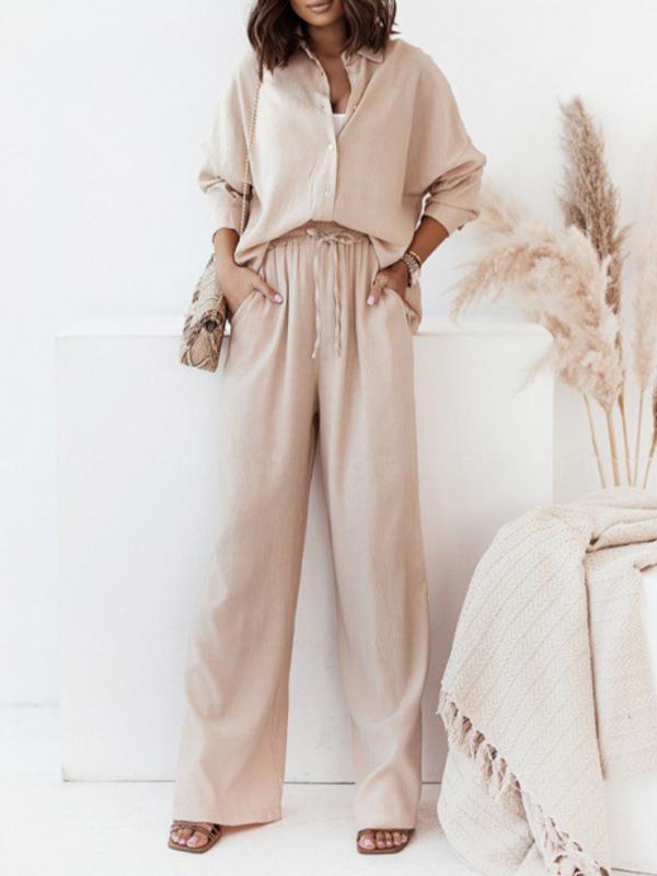 Conjunto Feminino de Camisa Longa com Manga Longa e Calças de Perna Larga com Elástico