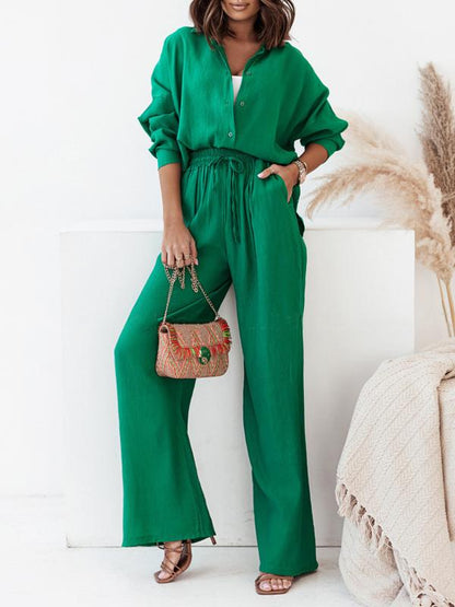 Conjunto Feminino de Camisa Longa com Manga Longa e Calças de Perna Larga com Elástico
