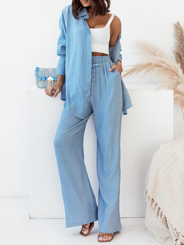 Conjunto Feminino de Camisa Longa com Manga Longa e Calças de Perna Larga com Elástico