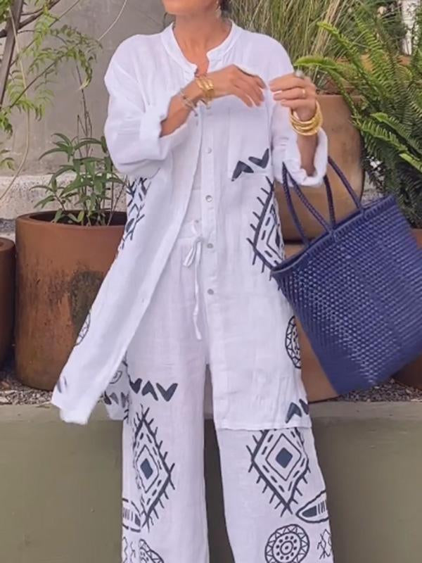 Conjunto Feminino de Cardigan de Algodão e Linho + Calças de Perna Larga de Duas Peças