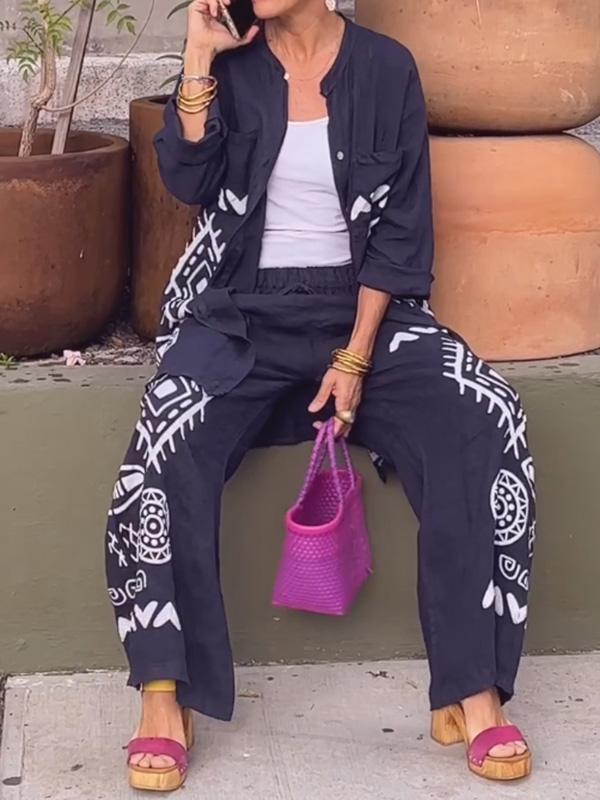 Conjunto Feminino de Cardigan de Algodão e Linho + Calças de Perna Larga de Duas Peças