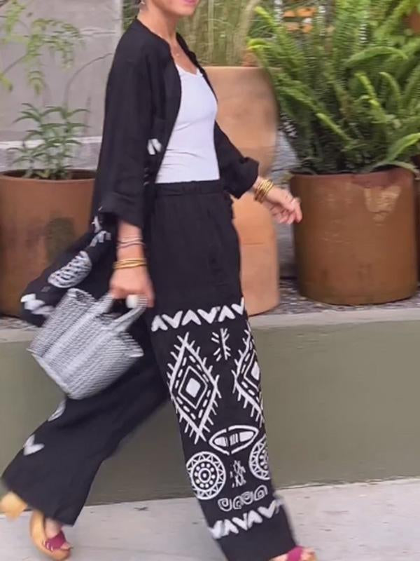 Conjunto Feminino de Cardigan de Algodão e Linho + Calças de Perna Larga de Duas Peças