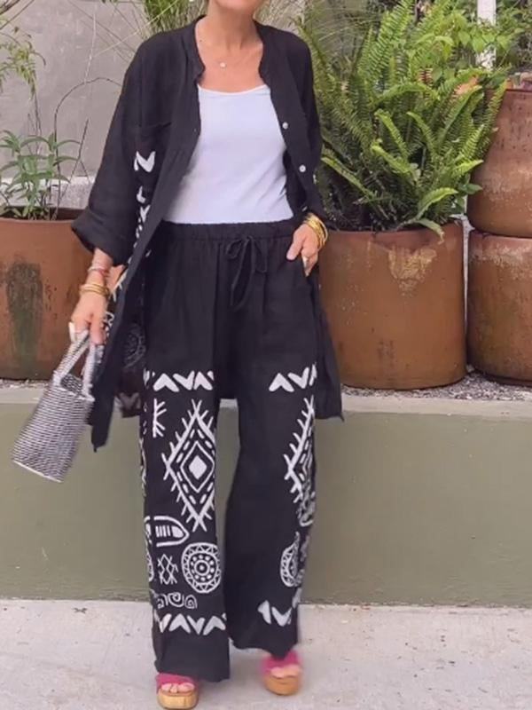 Conjunto Feminino de Cardigan de Algodão e Linho + Calças de Perna Larga de Duas Peças