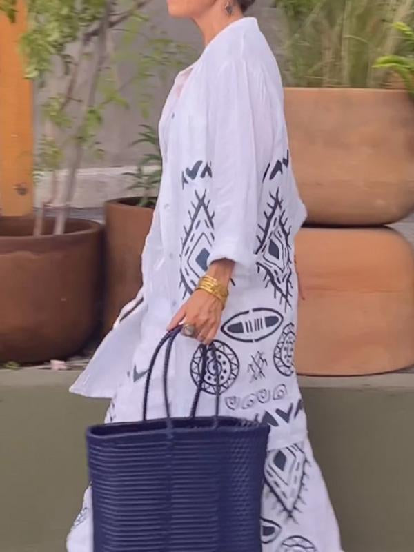 Conjunto Feminino de Cardigan de Algodão e Linho + Calças de Perna Larga de Duas Peças