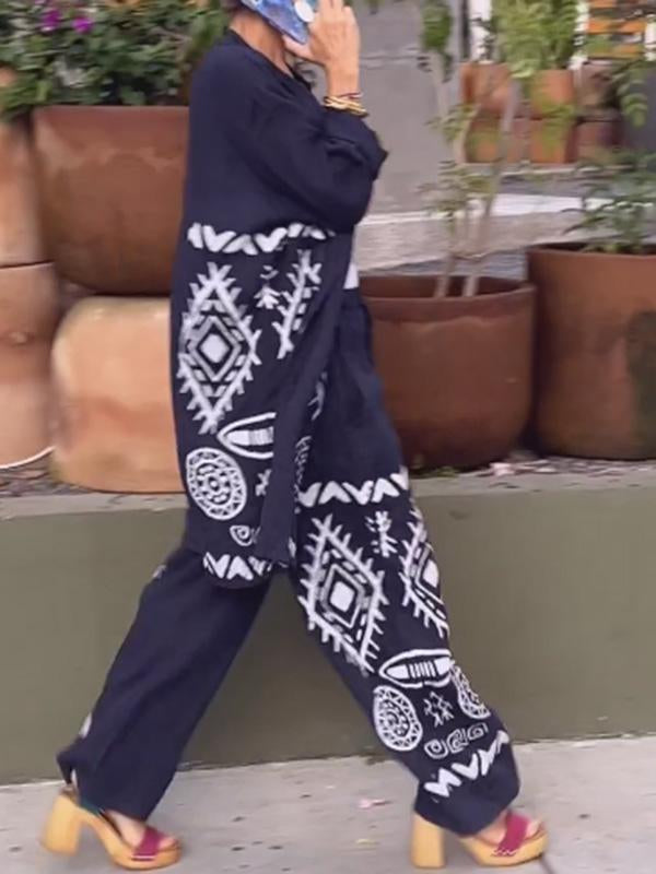 Conjunto Feminino de Cardigan de Algodão e Linho + Calças de Perna Larga de Duas Peças