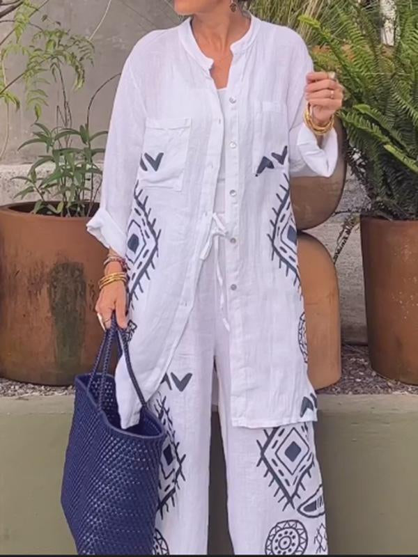 Conjunto Feminino de Cardigan de Algodão e Linho + Calças de Perna Larga de Duas Peças