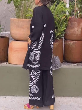 Conjunto Feminino de Cardigan de Algodão e Linho + Calças de Perna Larga de Duas Peças