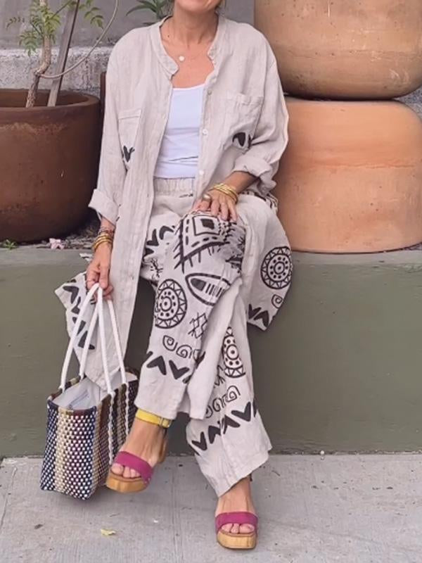 Conjunto Feminino de Cardigan de Algodão e Linho + Calças de Perna Larga de Duas Peças