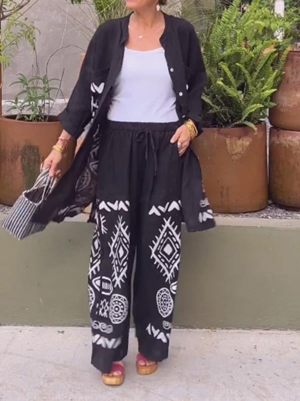 Conjunto Feminino de Cardigan de Algodão e Linho + Calças de Perna Larga de Duas Peças