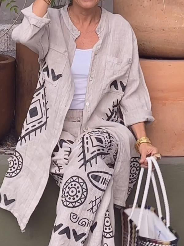 Conjunto Feminino de Cardigan de Algodão e Linho + Calças de Perna Larga de Duas Peças