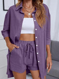 Conjunto Feminino de Cardigan de Cor Sólida com Botões e Camisa de Ombros Caídos