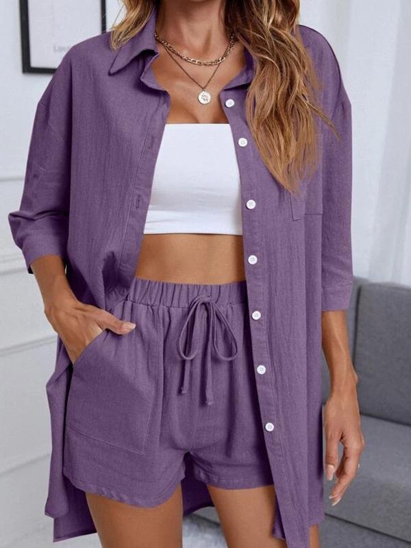 Conjunto Feminino de Cardigan de Cor Sólida com Botões e Camisa de Ombros Caídos