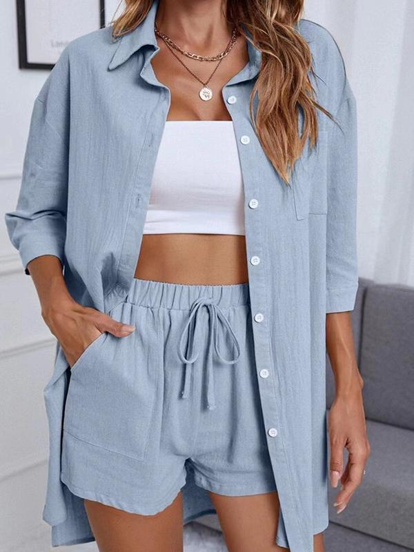 Conjunto Feminino de Cardigan de Cor Sólida com Botões e Camisa de Ombros Caídos - 3
