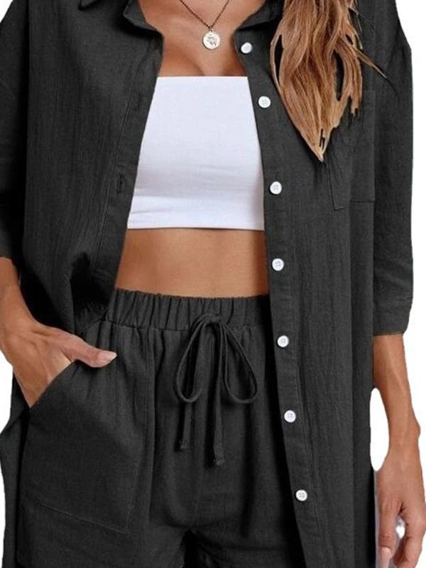 Conjunto Feminino de Cardigan de Cor Sólida com Botões e Camisa de Ombros Caídos - 6