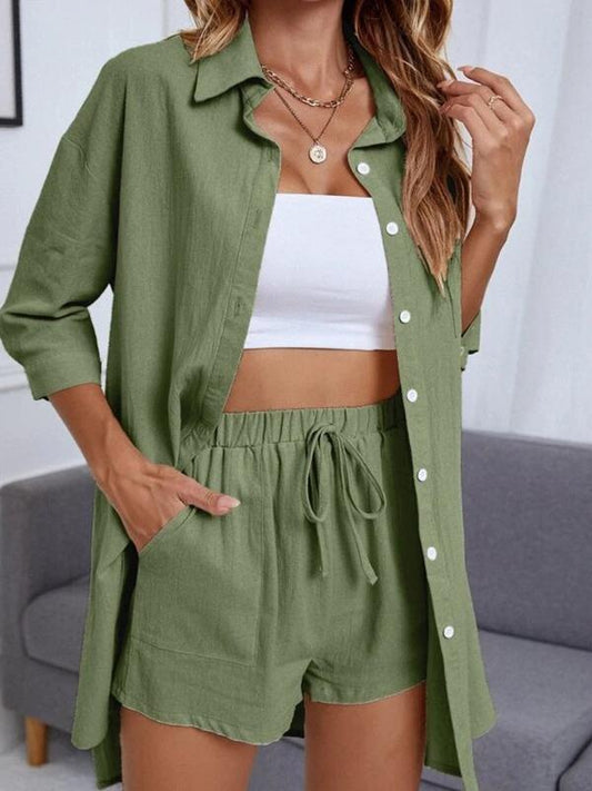 Conjunto Feminino de Cardigan de Cor Sólida com Botões e Camisa de Ombros Caídos