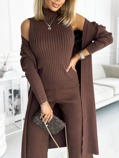 Conjunto Feminino de Cardigan de Cor Sólida com Regata e Calças de 3 Peças - 10