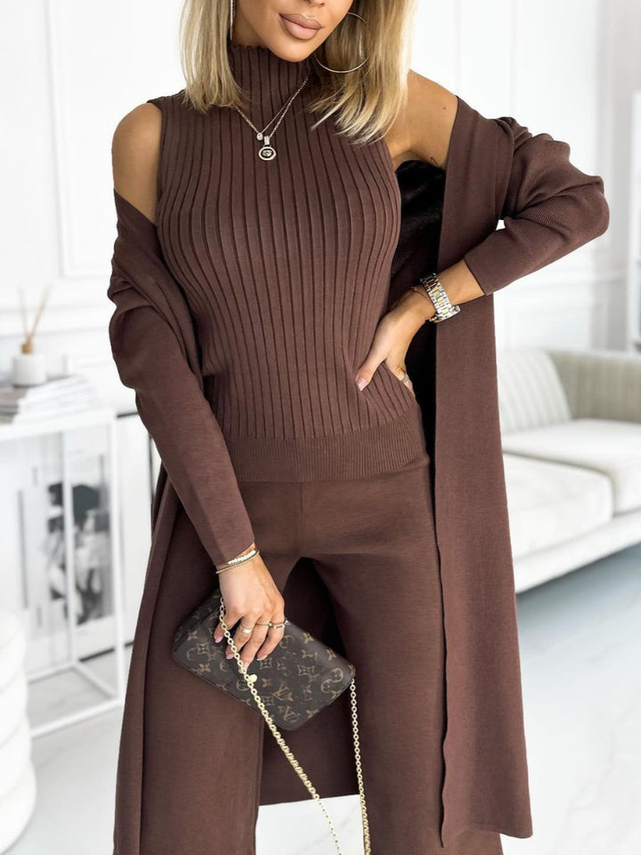 Conjunto Feminino de Cardigan de Cor Sólida com Regata e Calças de 3 Peças