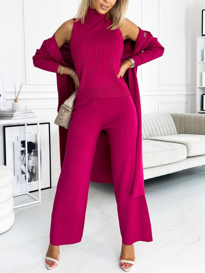 Conjunto Feminino de Cardigan de Cor Sólida com Regata e Calças de 3 Peças - 2