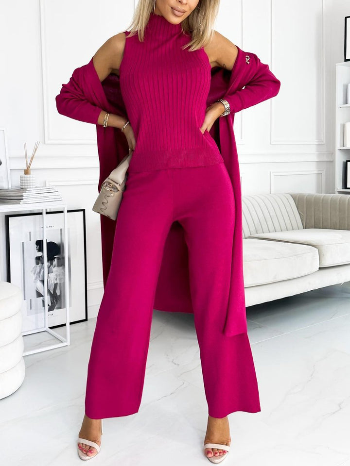 Conjunto Feminino de Cardigan de Cor Sólida com Regata e Calças de 3 Peças